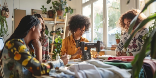 team working on embroidery